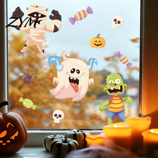 Indoor Outdoor Festive Supplies Halloween Static Window Clings, Cartoon Ghost Pumpkin Witch Monsters Decals, Waterproof Removable Glass Stickers