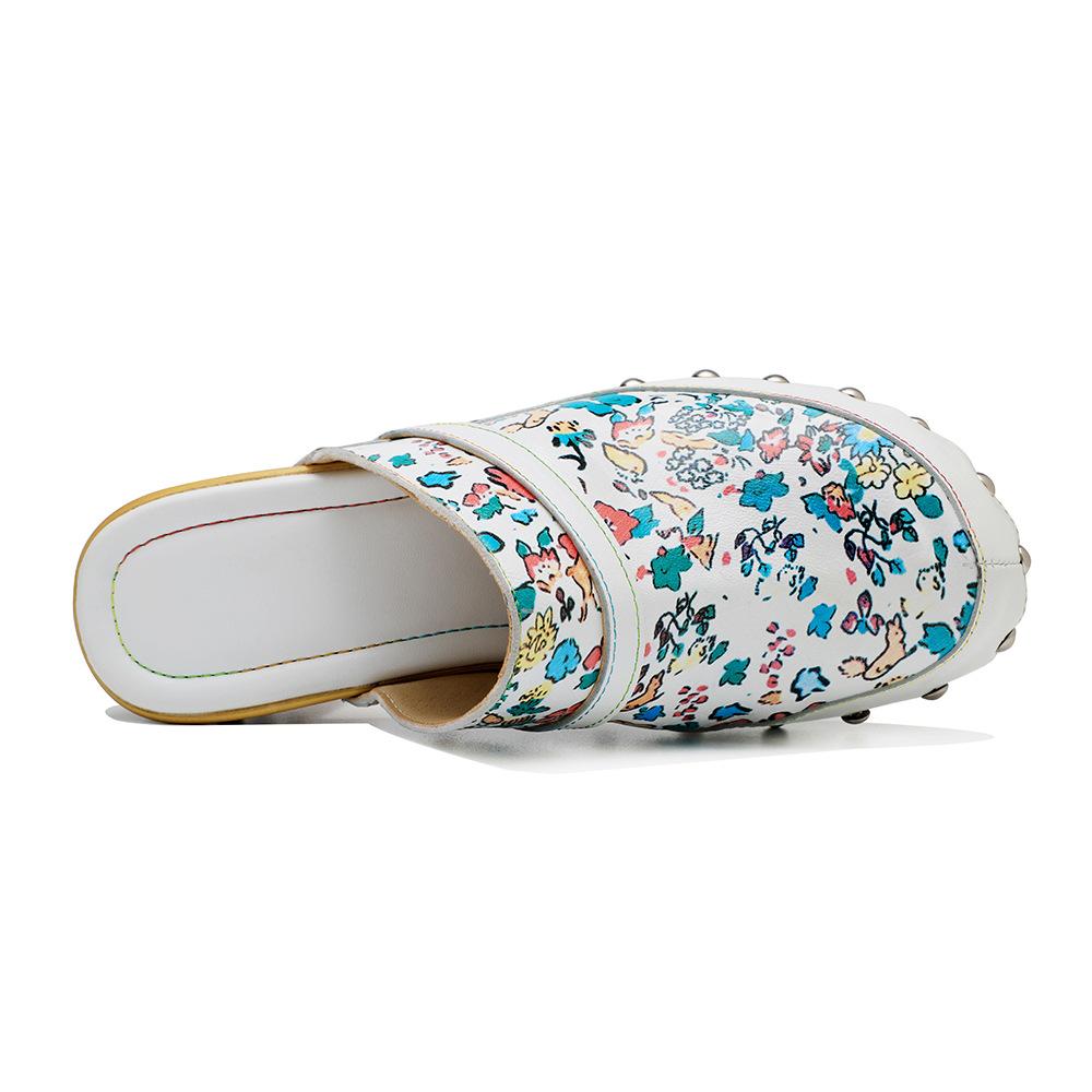 Винтажная женская обувь на высоких каблуках в стиле масляной живописи с цветочным рисунком, туфли без шнуровки из натуральной кожи в стиле ретро с круглым носком