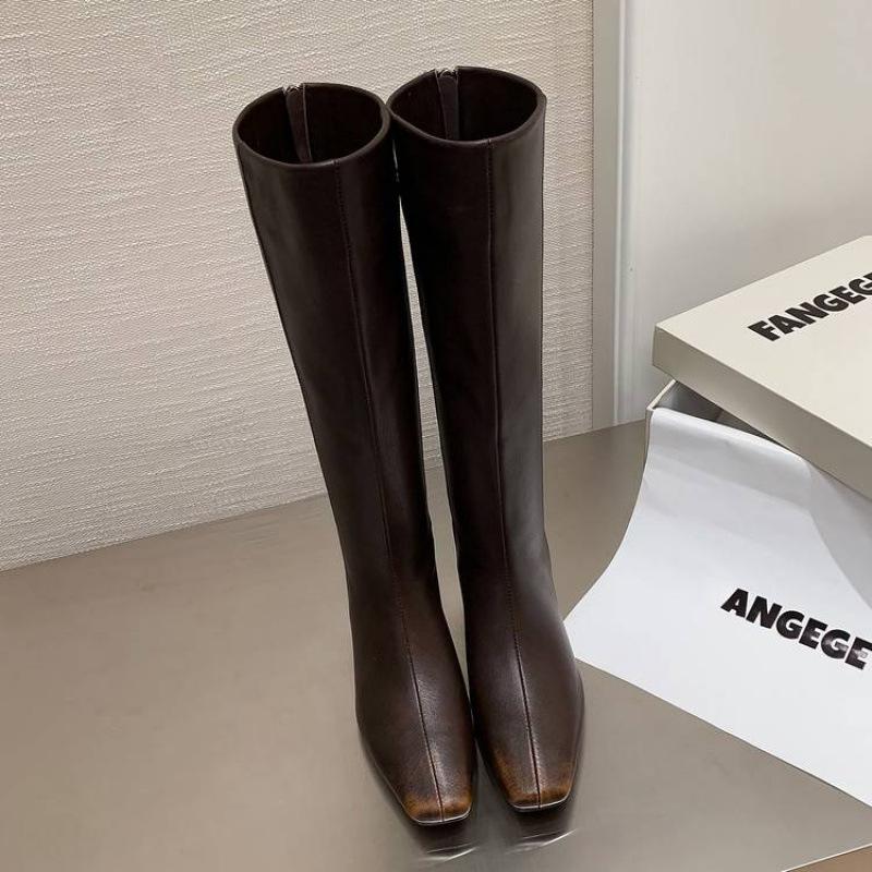 Женские кожаные ботинки на осень и зиму, однотонные, кожаные, большого размера, модные женские ботинки, универсальные, из коровьей кожи, на молнии, на среднем каблуке, с квадратным носком, высокие б