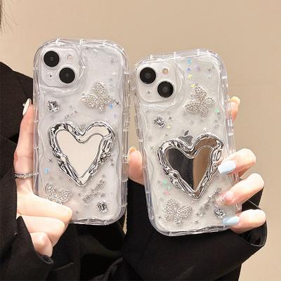 Для Apple 17promax Чехол для телефона 15 Зеркало для макияжа Love Touch Up для IPhone 16 Зеркало Стразы-бабочки 13 Блестящая пудра