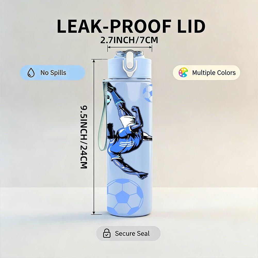 1PC Soccer Player Kick Ball Print 750ml Color Plastic Sports Water Bottle Leakproof Flip Straw Lid Suitable for Sports Office Home Use