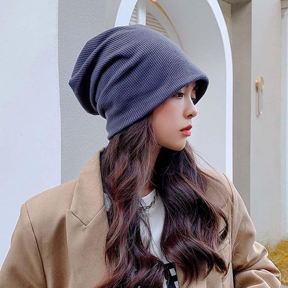 Trendy Casual Solid Color Autumn Winter Men Women Pile Cap Beanie Hat Striped Bonnets Turban Hat