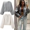 Outerwears Cropped Bomber Jacket Women Autumn Long Sleeve Faux Wool Coats For Woman Winter Zip Up Gray Beige Short Coats