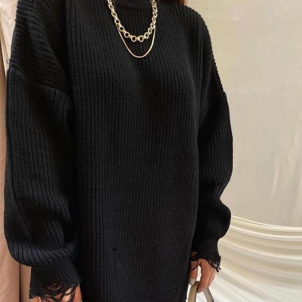 Осень-зима Винтажный свободный топ с длинными рукавами Однотонный пуловер Трикотажный свитер с круглым вырезом