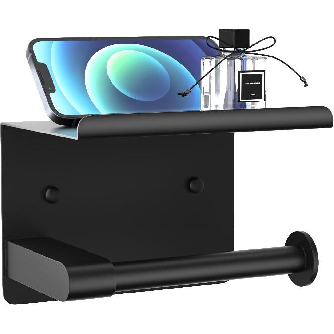 Matte Black Toilet Paper Holder with Shelf, Fits Mega Rolls, Rustproof Stainless Steel, Self Adhesive Wall Mount Toilet Paper Roll Holder, for