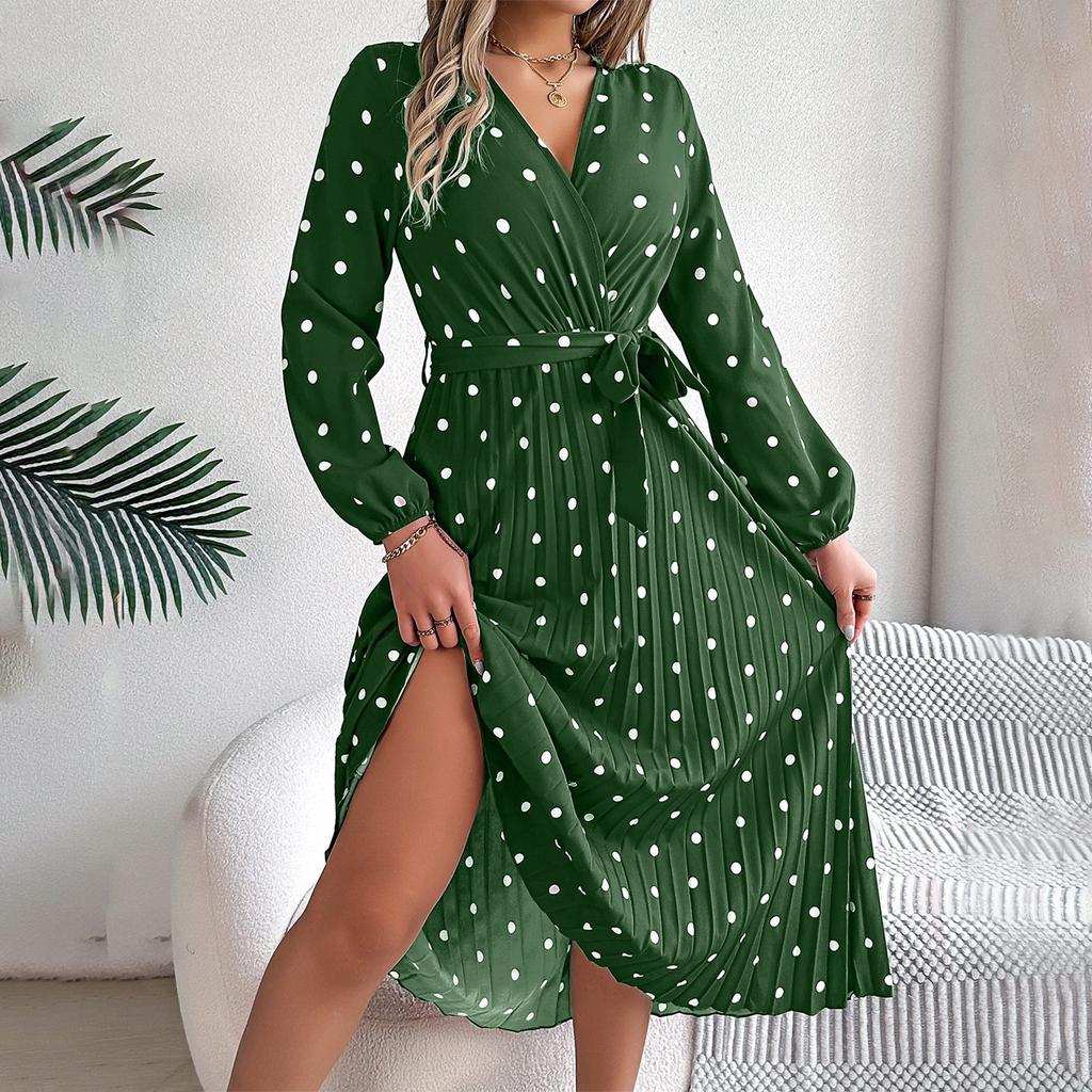 Женское модное элегантное плиссированное длинное платье в горошек с крестом и V-образным вырезом с длинными рукавами и галстуком
