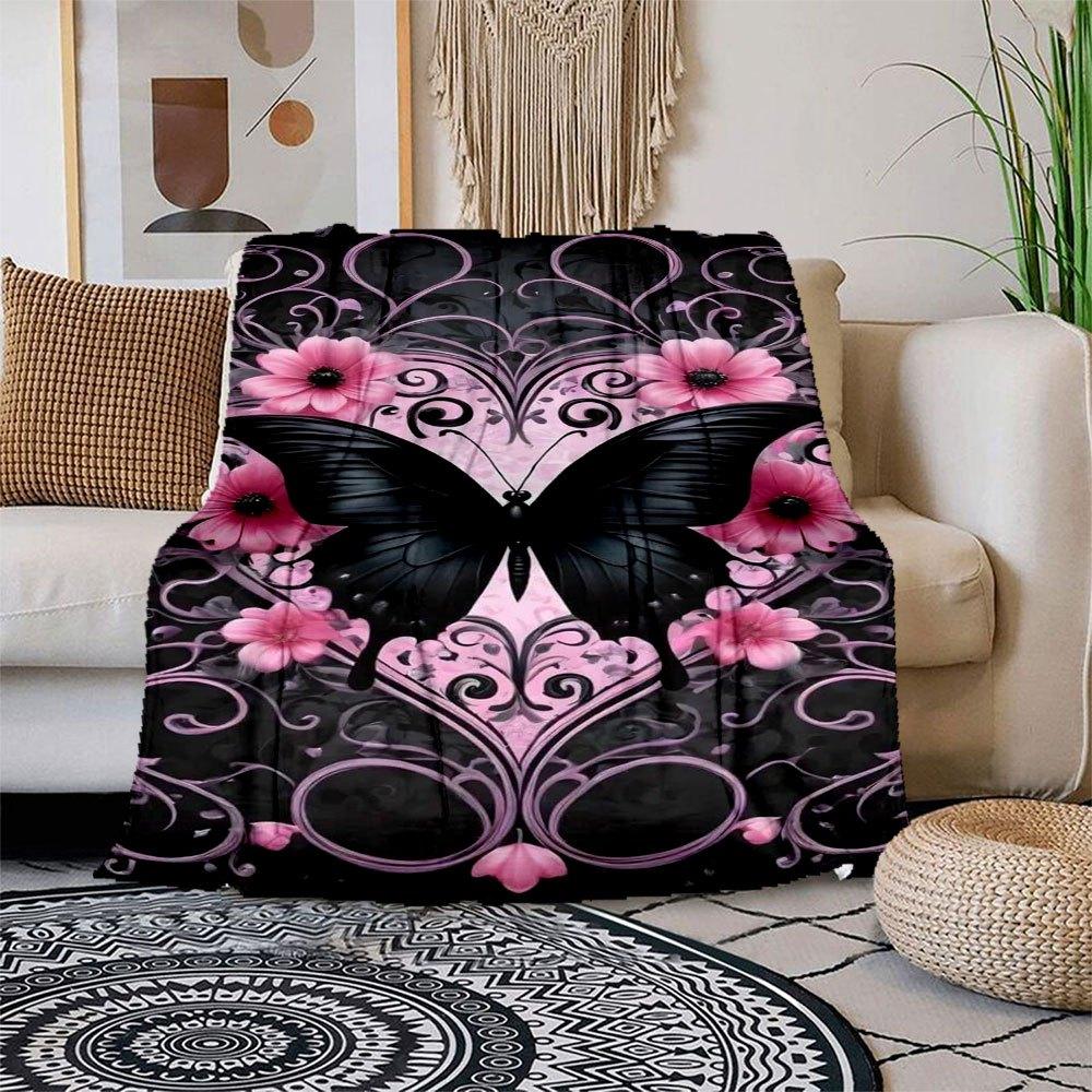 Black Butterfly with Pink Flowers Wall Art PrintBlanket Flannel Throw Blanket for Sofa, Bed, Travel, Camping, Office, Couch, Chair, And Bed