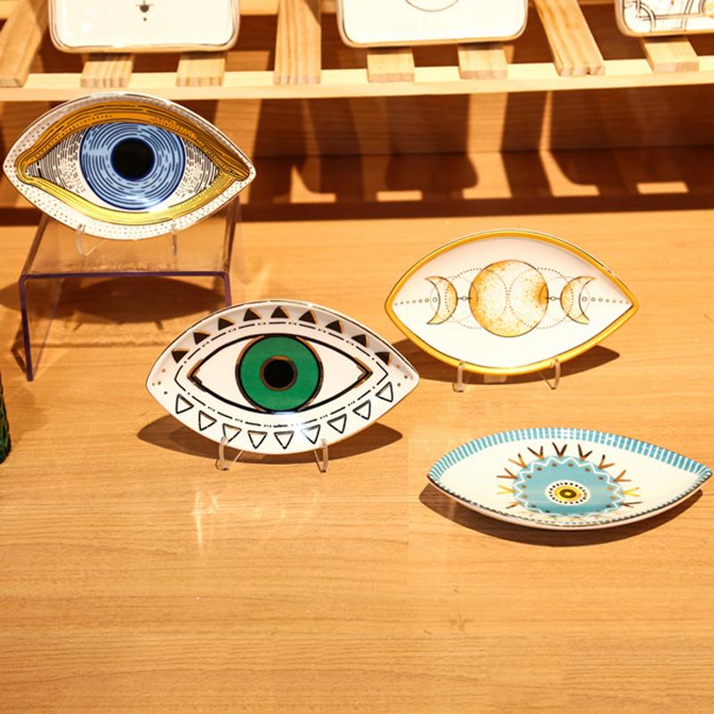 Creative Eye Shape Jewelry Storage Dish Blue Evil Eye Figurines Ornaments Ceramic Plates Crafts Home Decorative Gifts