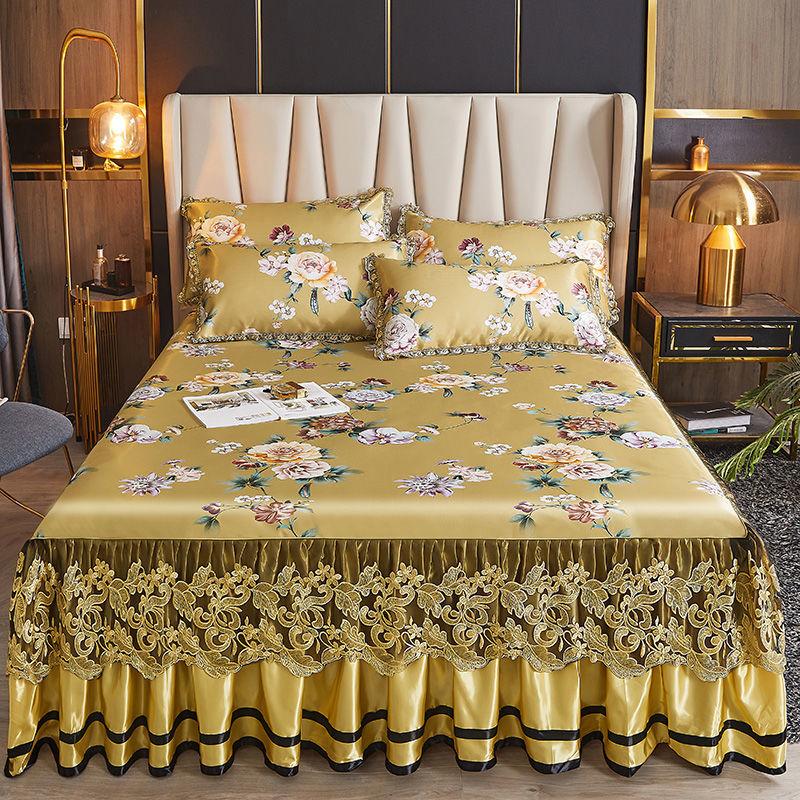 Модный домашний текстиль простыня на резинке летняя юбка для кровати цельное кружевное покрывало в стиле принцессы из ледяного шелка (комплект из трех частей) покрывало для кровати, пригодное для машинной стирки