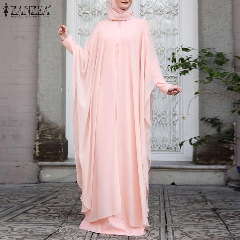 ZANZEA Muslim Women Prayer Dress Women O-neck Batwing Sleeve Chiffon Long Dress Abayas Islamic Clothes
