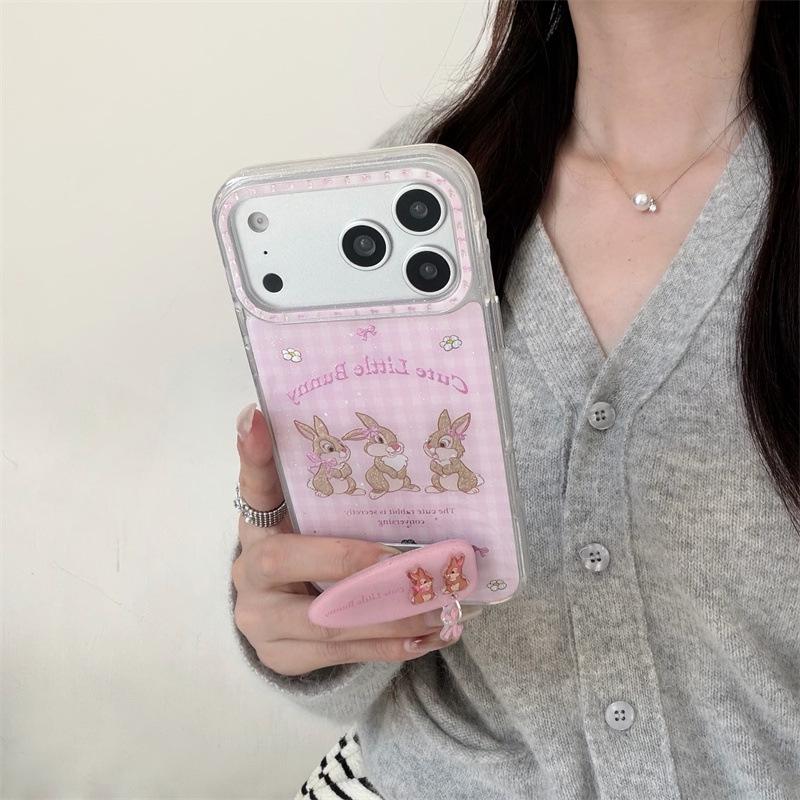 Розовый клетчатый чехол-подставка с кроликом для iPhone 17/16 Pro Max/15/14 - Девчачий дизайн