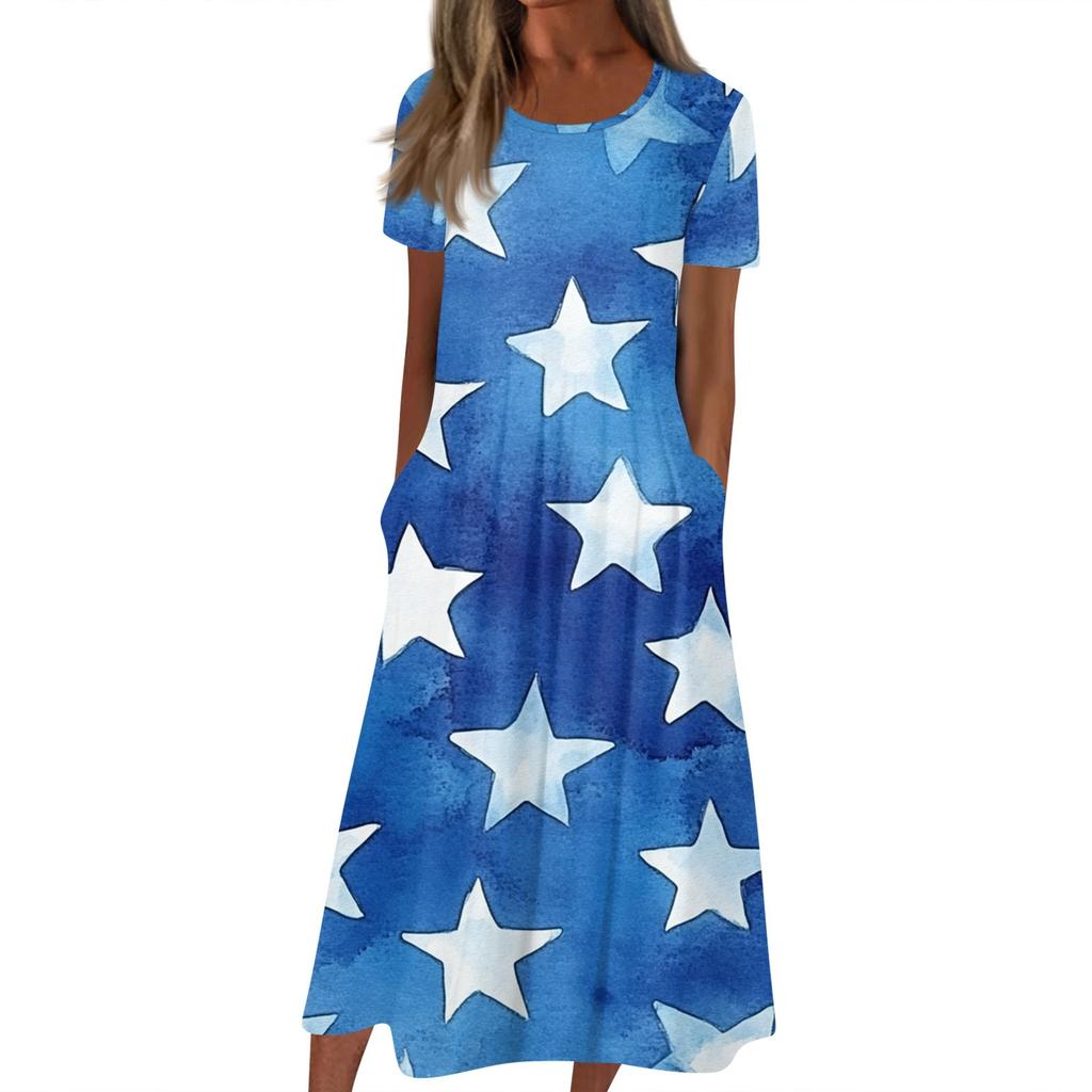 Женское летнее повседневное модное платье с коротким рукавом и карманом на День независимости с коротким рукавом