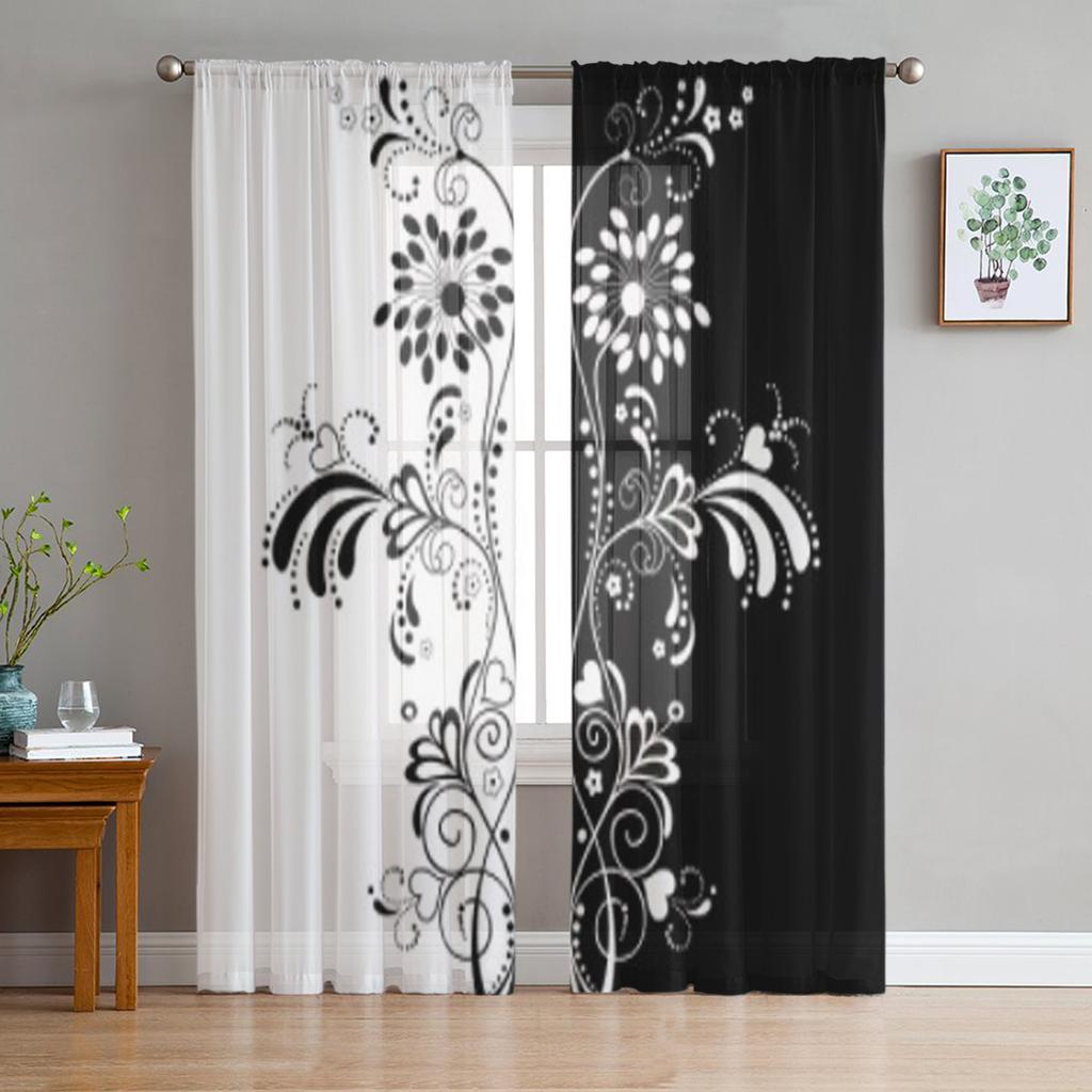 Black And White Floral Sheer Curtain For Living Room Modern Voile Tulle Window Curtains For Bedroom Kitchen Drapes