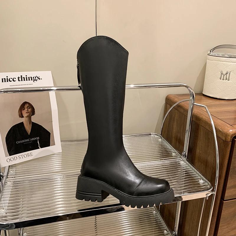 Модные женские сапоги на платформе до колена, модные туфли с молнией сзади, осенне-зимние женские сапоги на толстом каблуке в стиле рыцаря