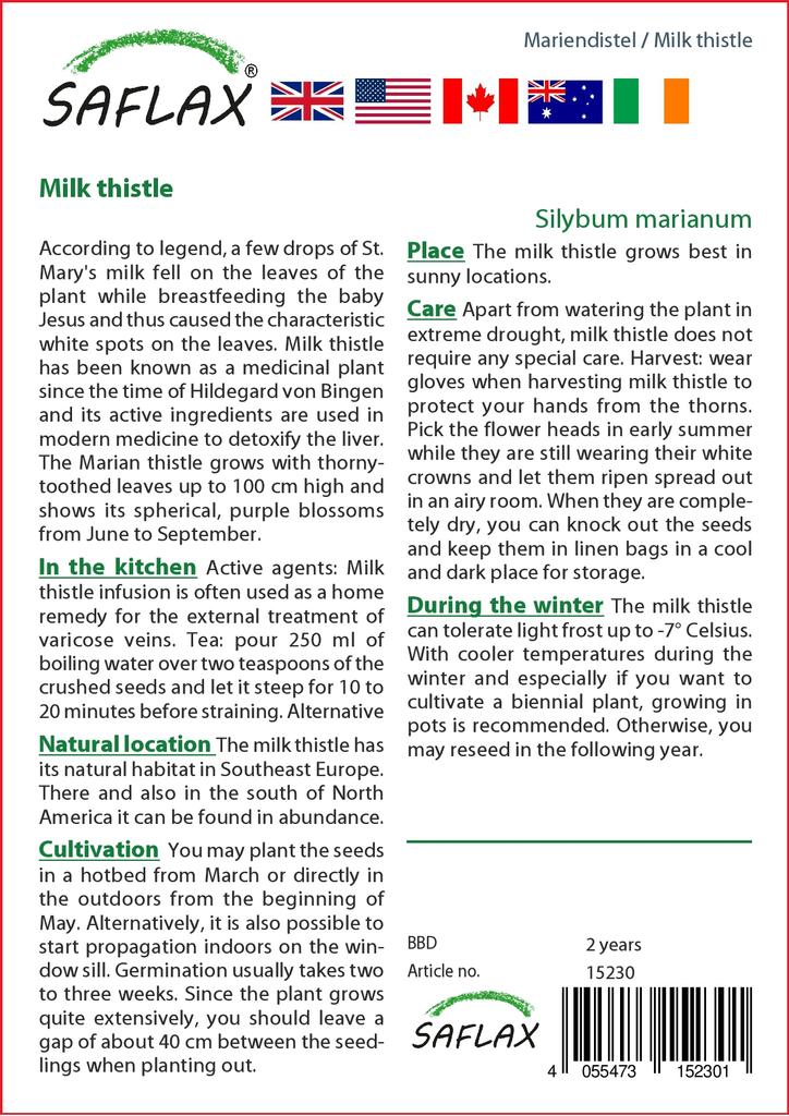 SAFLAX Garden in the Bag - Расторопша пятнистая - 75 семян - С субстратом в подходящем стоячем пакете - Расторопша пятнистая