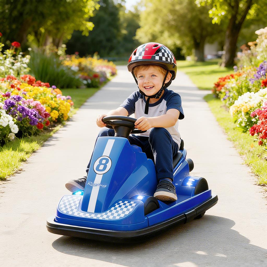 Kids Bumper Car 360 degrees  Rotation Spin Electric Waltzer Car With Led Lights Music For Ages 3 8 Years Old Blue