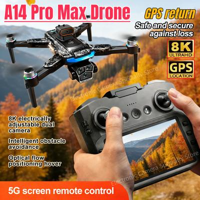 Профессиональный дрон A14 Pro Max с двойными 8K камерами, 4,3-дюймовым экраном, 360° системой предотвращения препятствий, 5G WiFi и бесколлекторным пультом дистанционного управления.