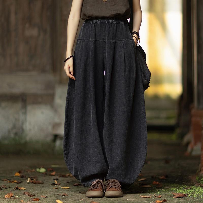 Johnature Women Vintage Bloomers Pants Solid Color Loose Trousers Autumn Pockets Patchwork Long Pants