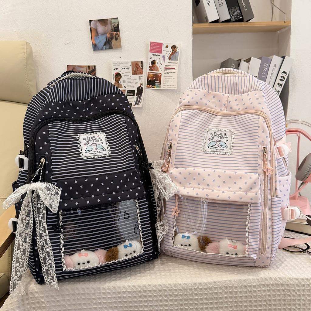 Schoolbag new sweet striped backpack schoolgirl class polka dot schoolbag leisure travel lace bow backpack