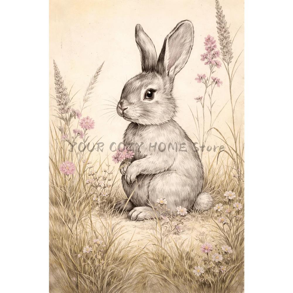 Vintage Cute Easter Bunny Spring Flower Animal Rabbit Carrot Art Poster Canvas Painting Wall Prints Picture for Room Home Decor