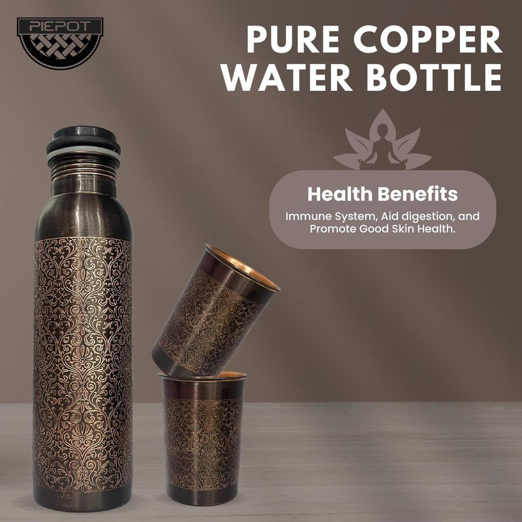 Медная бутылка для воды 1 л | Медная бутылка для воды с набором стаканов | Работа Минакари | 100% чистая | Герметичная | 2 стакана для воды по 300 мл каждый
