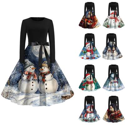 Рождественский принт расклешенное платье для женщин платье с длинным рукавом полые вечерние повседневные платья