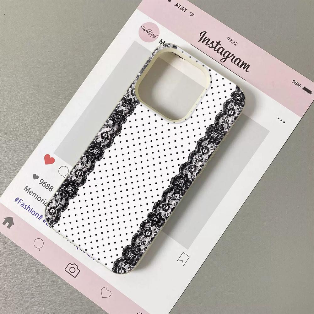 Черный Кружевной Чехол для Телефона с Рисунком Личи в Горошек Для iPhone 17 16e 16 15 14 13 12 11 Air Pro Max Plus XR XSMax Ударопрочный