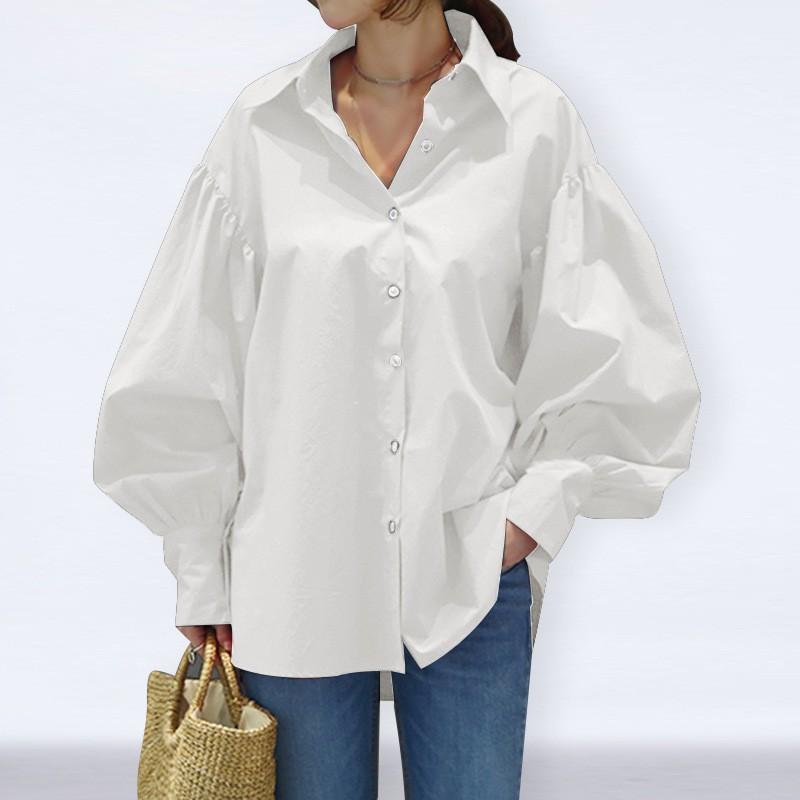 Solid Color Lantern Sleeve Collared Loose Fit Long Shirt Blouse Women