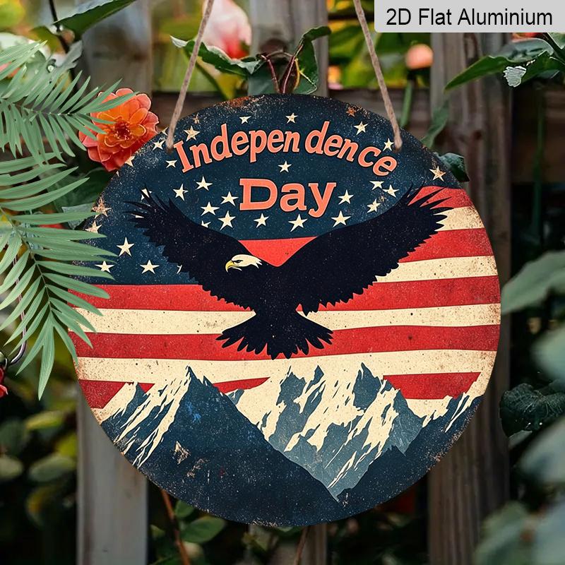 2D Flat, 1pc Independence Day Patriotic Decor Aluminum Metal Sign with American Flag, Eagle, And Mountain Pattern - Red, White, And Blue Independence