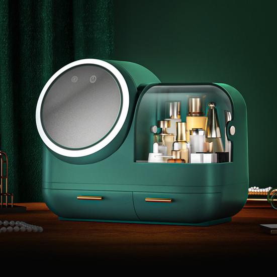 Yousheng Dustproof Makeup Storage Box with LED Mirror Large Capacity Multiple Compartments Countertop Makeup Storage Organizer