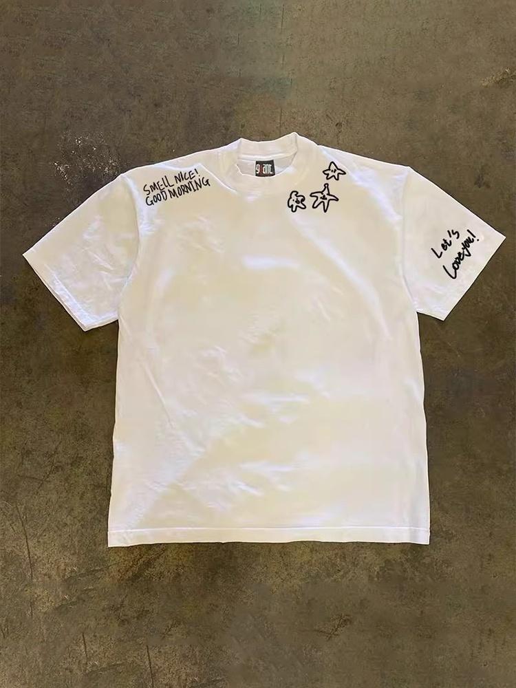 Pure Cotton 3a260g Double Thread Loose Fit Short Sleeve Tshirt Unisex Breathable Comfortable American Retro Style Printed