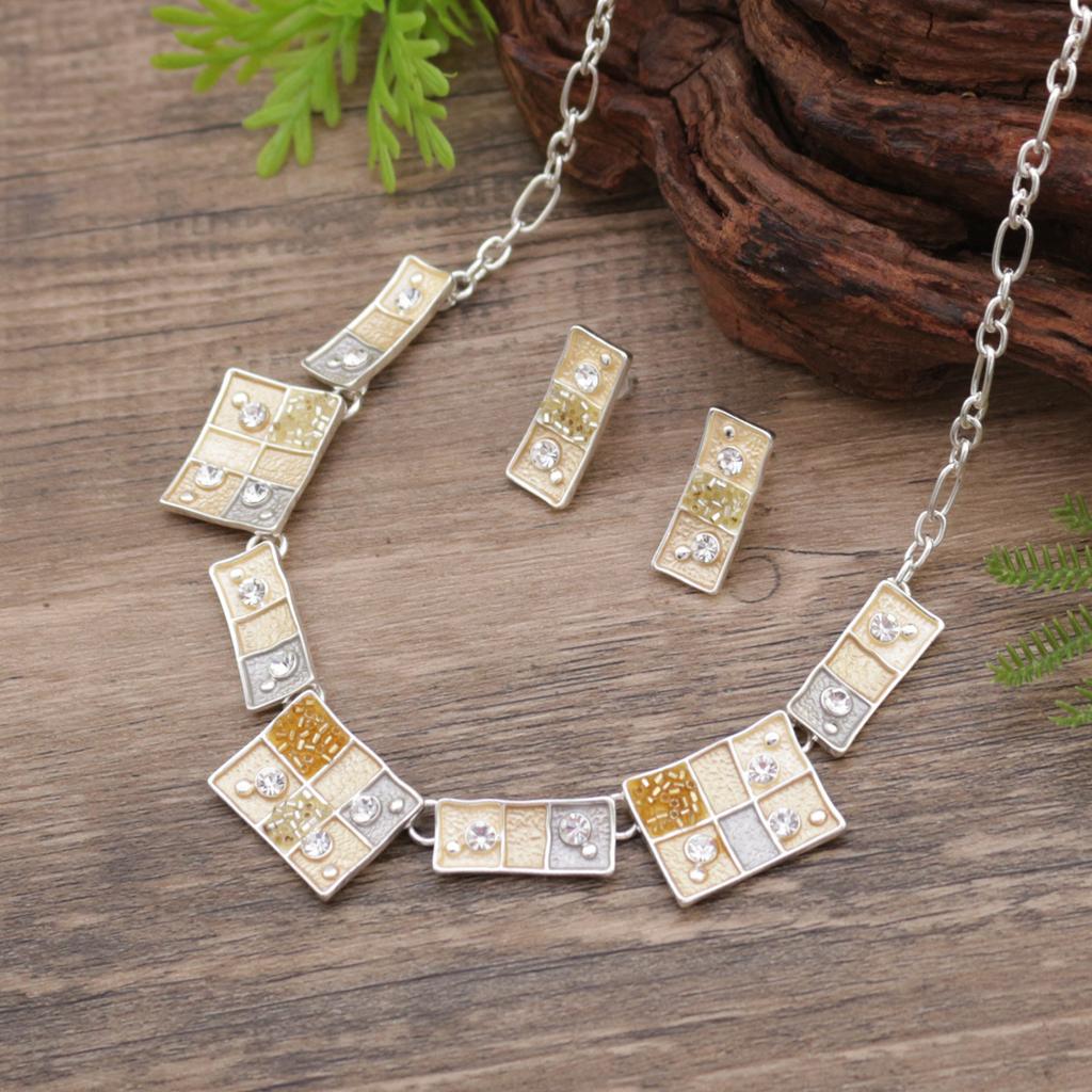 Luxury new color painting oil geometric square stud earrings necklace set, fashionable and high sense women's versatile necklace