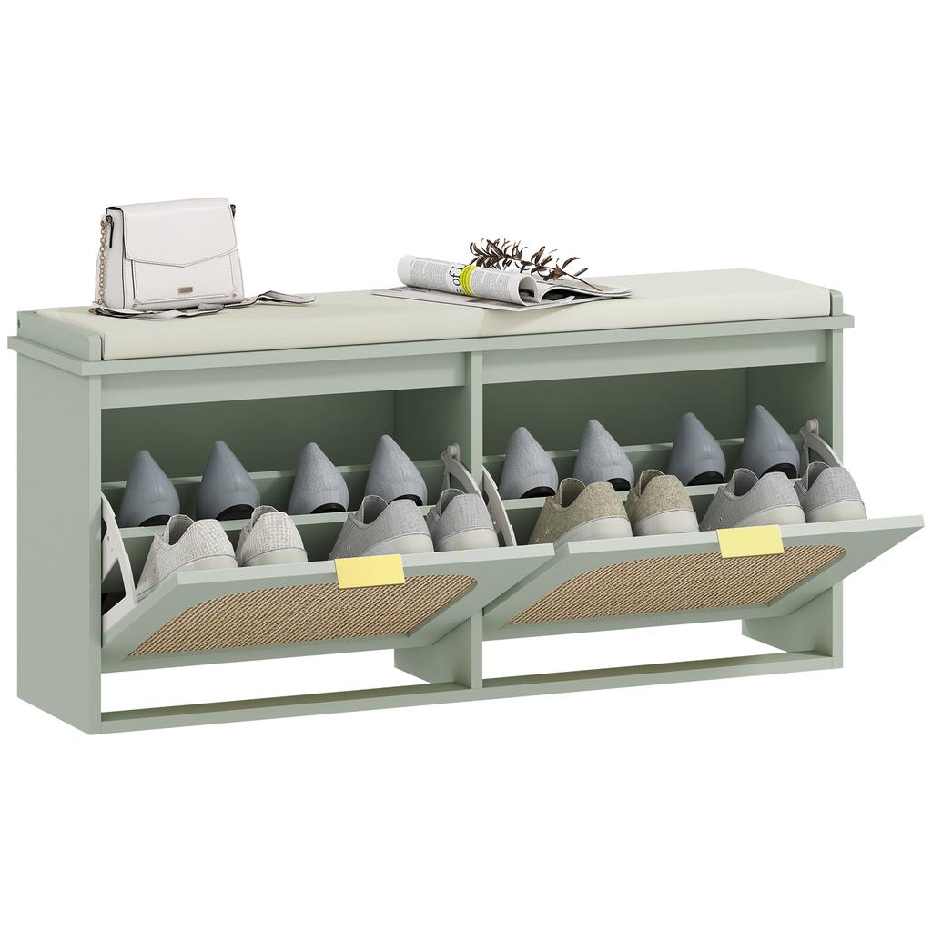 Shoe Bench, Storage Bench, Padded Seat, Flip-Down Drawers, Rattan Door, 104 x 26 x 47.5 cm, Green