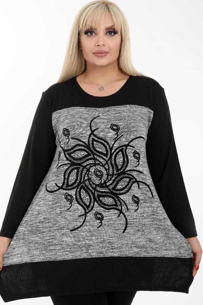 Женская блузка большого размера с круглым вырезом и цветочным мотивом, повседневная блузка с длинным рукавом и вышивкой камнями