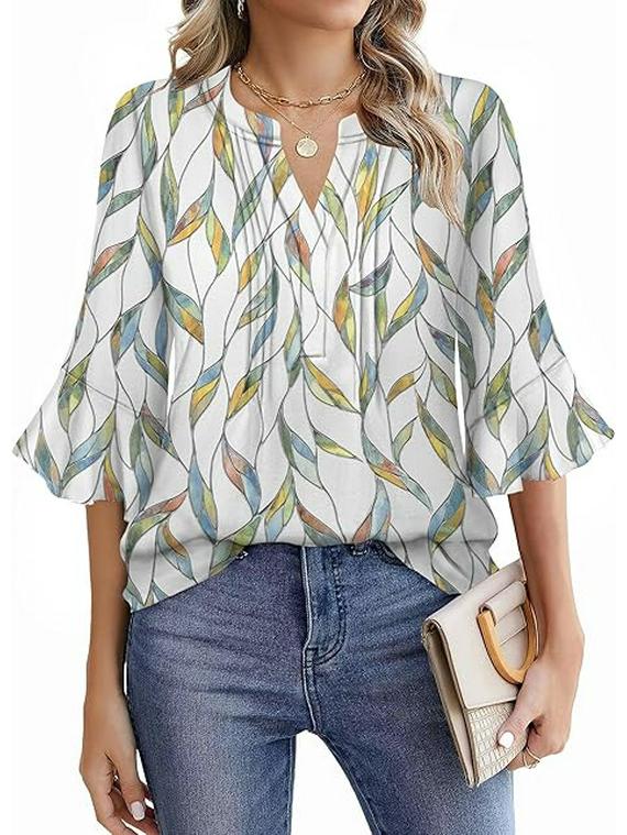 Шифоновая блузка Lotus Leaf 2025 с V-образным вырезом - Однотонная, с рукавами три четверти, Повседневная, свободного кроя