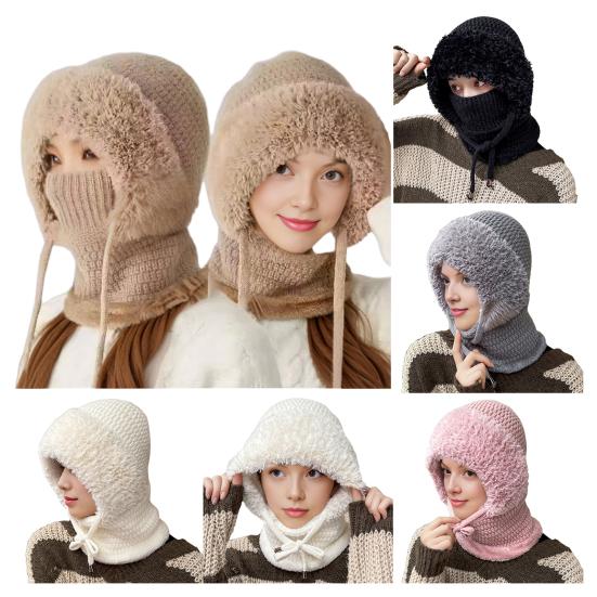 Вязаный головной убор однотонный 3-в-1 женская вязаная шапка шарф защита лица ветрозащитный для катания на лыжах походов на флисовой подкладке зимняя повязка на голову
