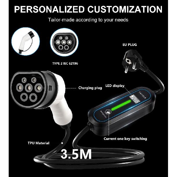 TAYSLA 16A EV Charger Type 1 J1772 3.5KW TYPE 2 Portable EVSE with Display EU Plug for Hyundai Kia Genesis EV