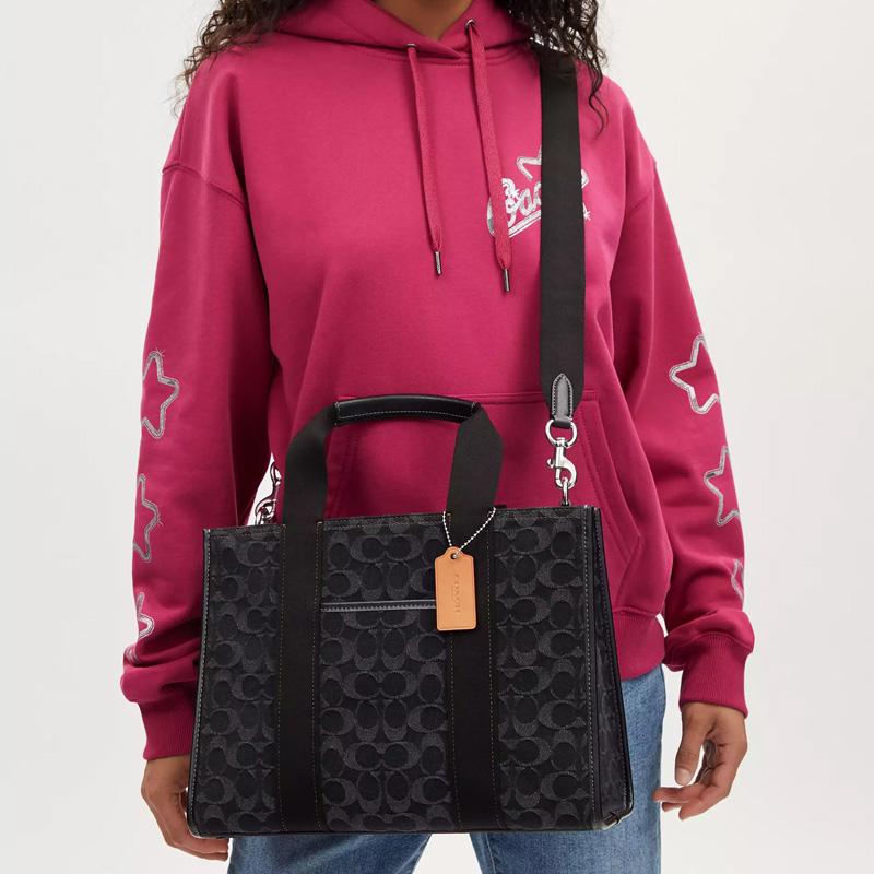 Coach Smith 34 Monogram Canvas And Smooth Leather Tote Bag Unisex Tote Bags Silver Black CP105-SVBK