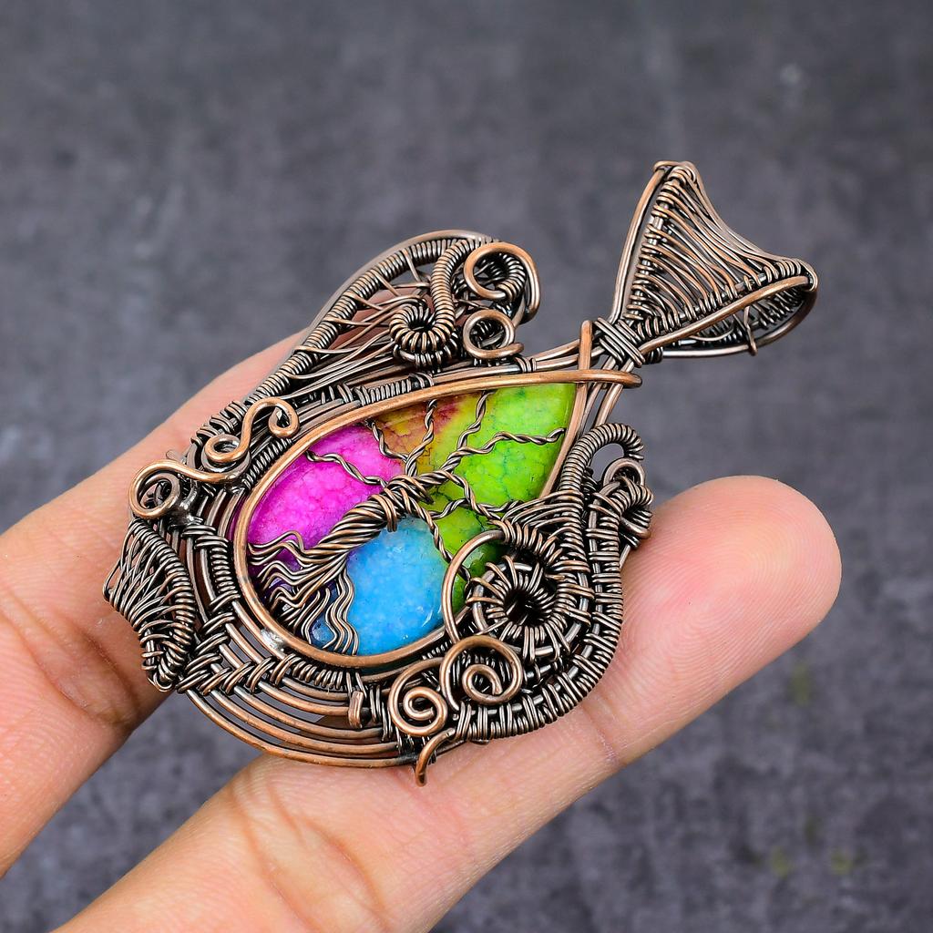 Радужный Солнечный Кварц Ручная Работа Медная Проволока Обмотка Древо Жизни Кулон 2,76" c8w18