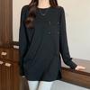 Mid-length Pocket Loose Long-sleeved T-shirt for Women Spring and Autumn New Loose Drawstring Button Design Niche Bottoming Shirt