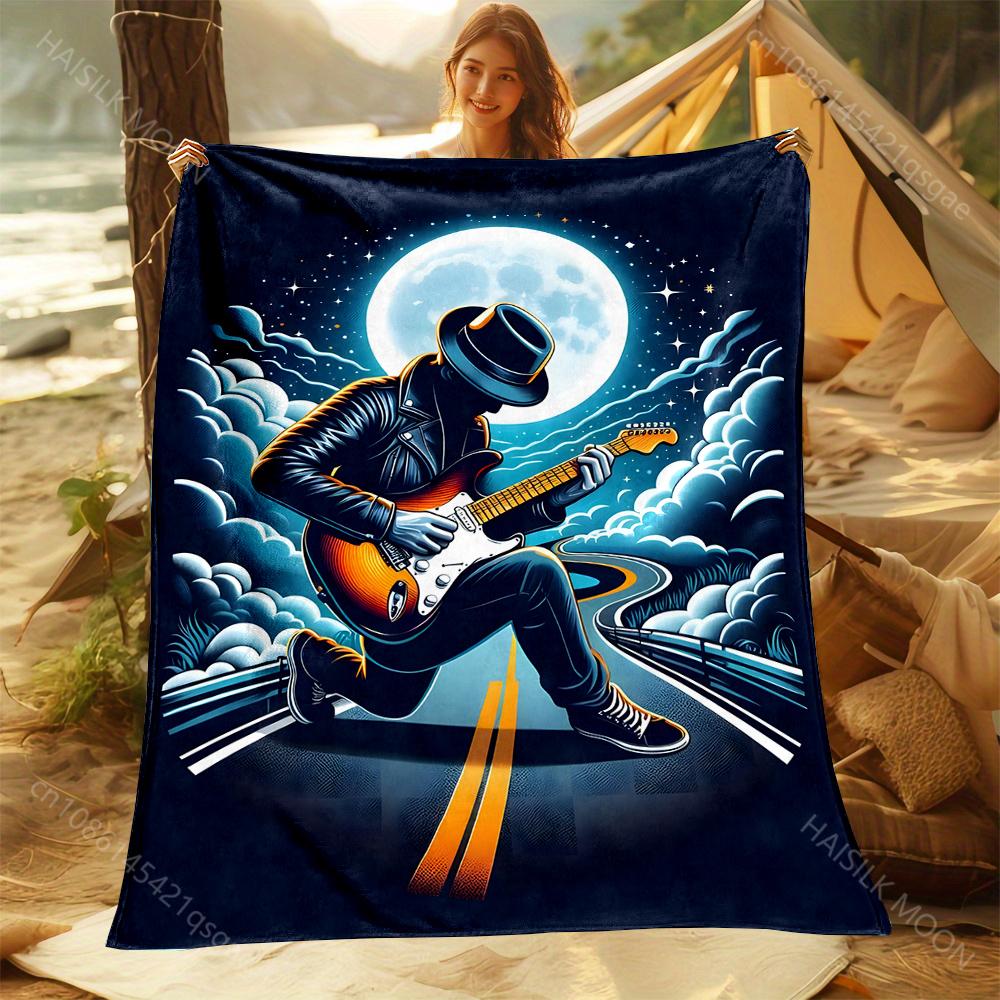 1PC Guitarist under full moon Print Adult Children Warm Blankets Home Travel Car Soft Comfortable Suitable for all seasons