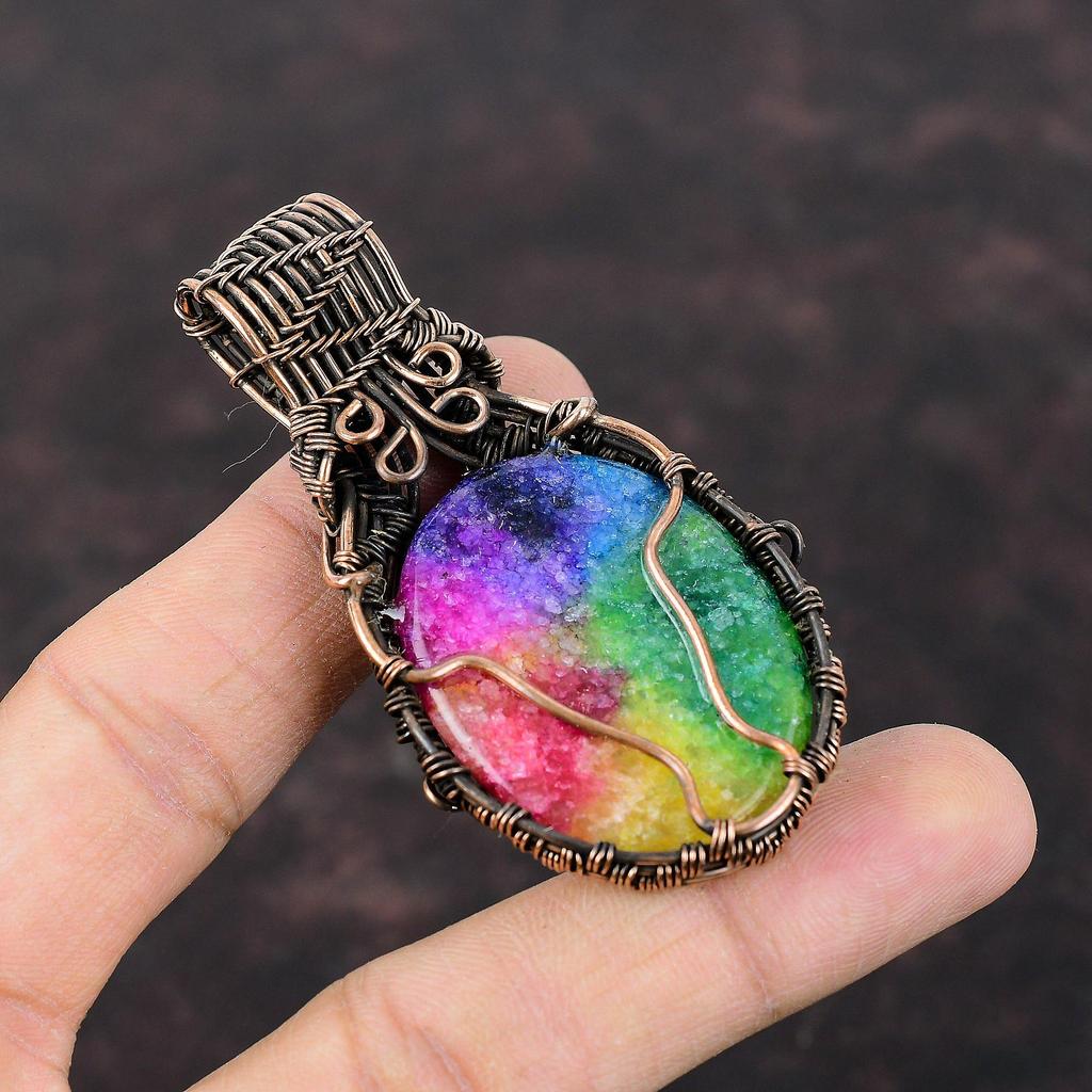 Радужный солнечный кварцевый кулон с друзами, кулон в медной проволоке, медные украшения, кулон ручной работы, подарок на помолвку, ювелирные изделия из драгоценных камней, завернутые в проволоку