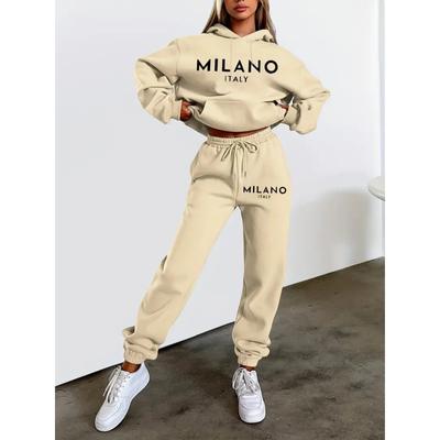 Женская повседневная мода, комплект из толстовок с капюшоном и спортивных штанов, с длинными рукавами, с монограммой, на шнурке, микроэластичная, спортивный стиль
