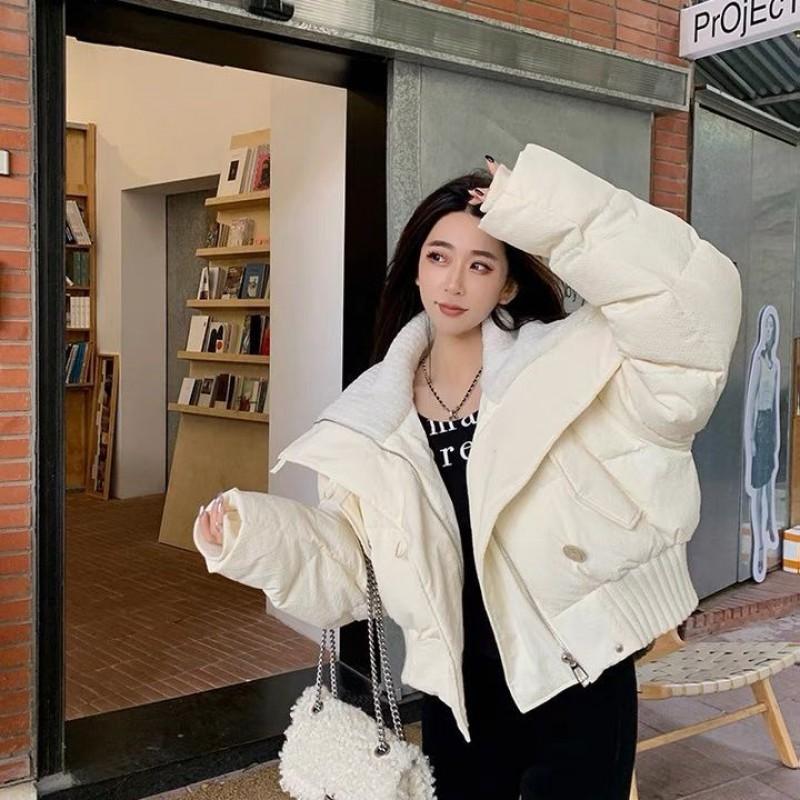 Womens Short Puffer Jacket Winter Warm Thick Cotton-Padded Coat Loose Fit Stand Collar Solid Color Daily Commute