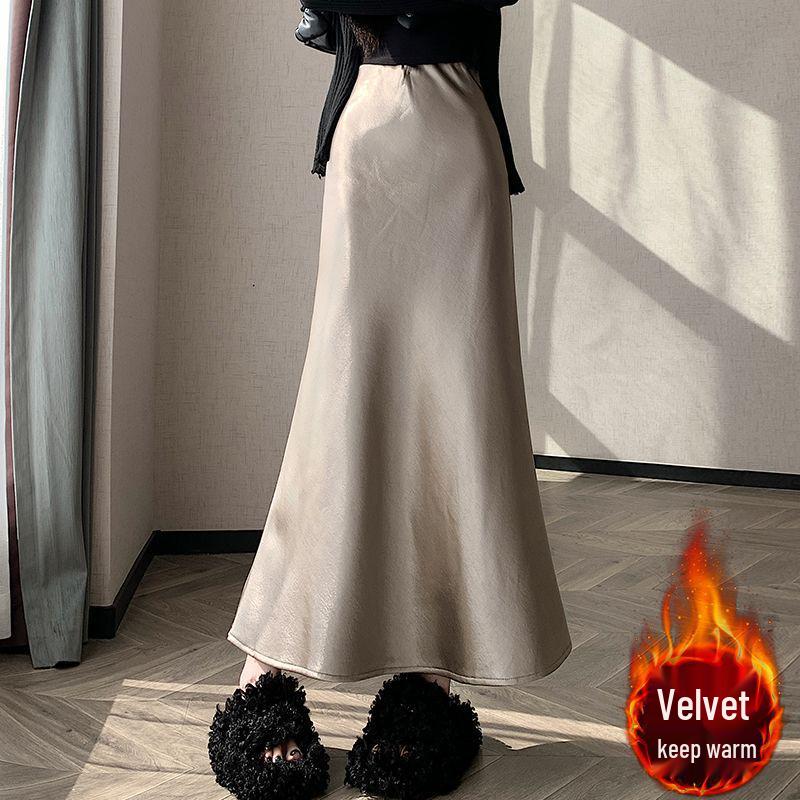 2025 Autumn High-Waisted Plus Velvet A-Line Skirt - Double-Layered Wave Polyester Fabric, Simple OL Commuting Style