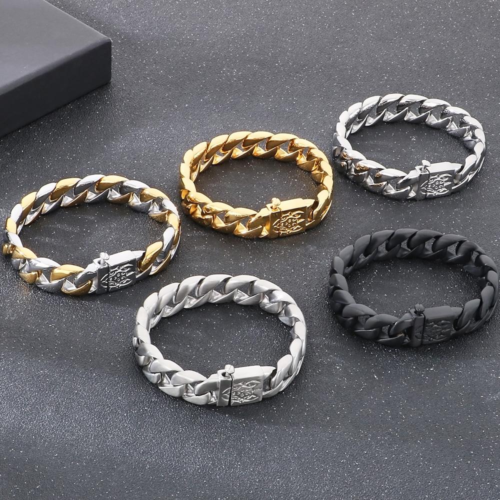 15MM Matte Curb Cuban Link Chain Bracelet for Men Brushed Black Gold Color Man Bracelets Stainless Steel Jewelry Accessories
