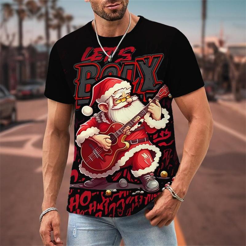 Funny Christmas Pattern T-Shirt For Men Santa Claus Music 3D Print Tees Summer Casual Short Sleeve Loose T Shirts Round Neck Top