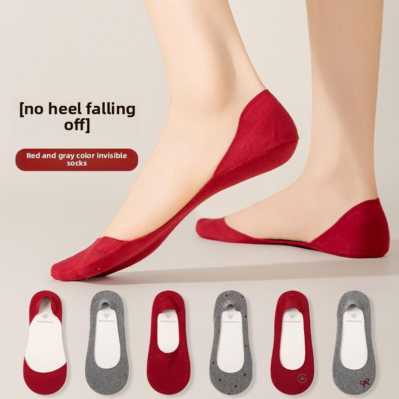 5 пар красных носков, женские короткие носки-лодочки, без протечек, с ультра-мелким носком и высоким каблуком, без следов, нескользящие, невидимые, без спадающего каблука