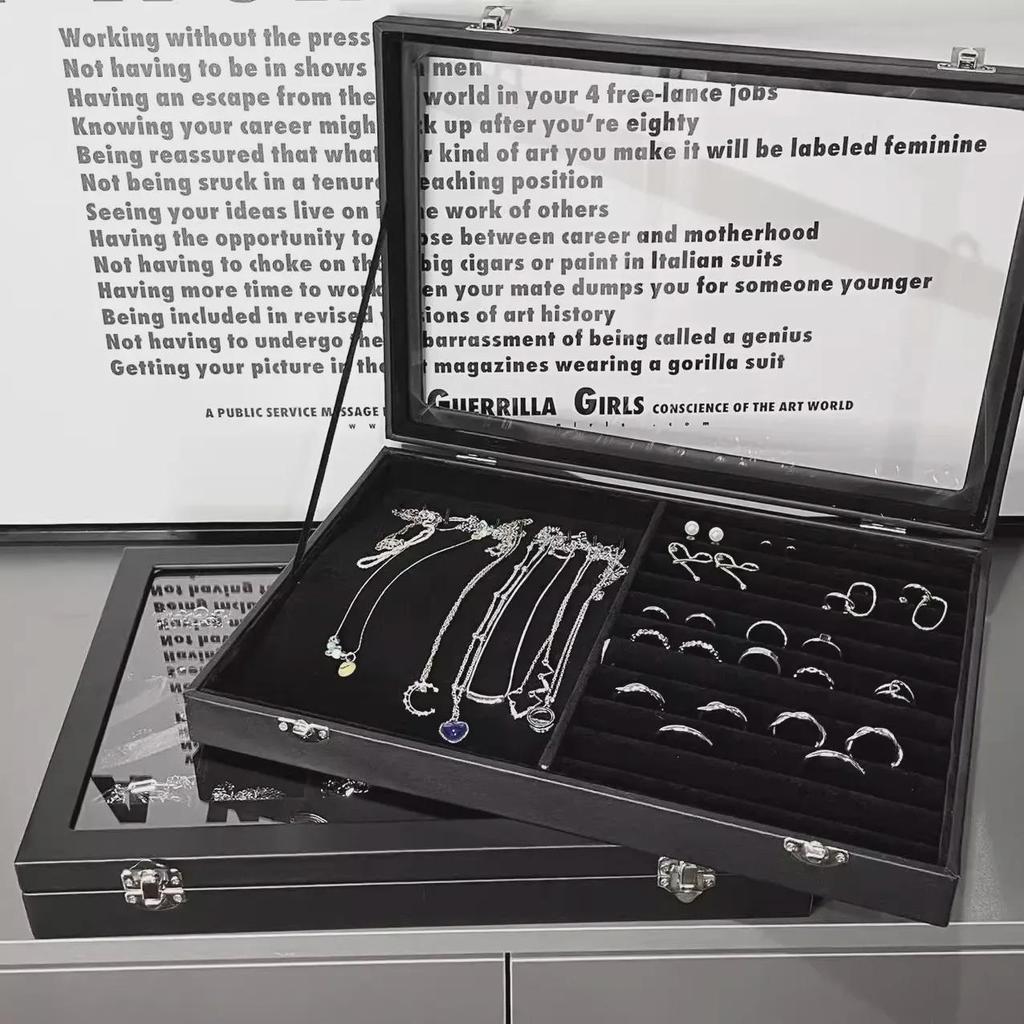 Черная бархатная шкатулка для украшений с решеткой и крышкой — высококачественное пыленепроницаемое хранилище для ожерелий, колец и сережек