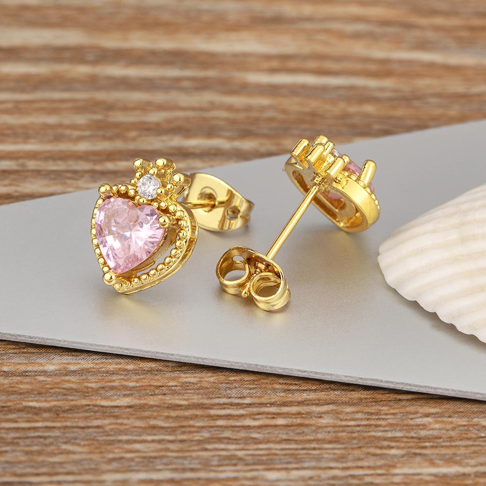 Nidin New Arrival Romantic Heart Shape Inlaid Pink Zircon Charm Stud Earrings for Women Birthday Party Ear Jewelry Delicate Gift